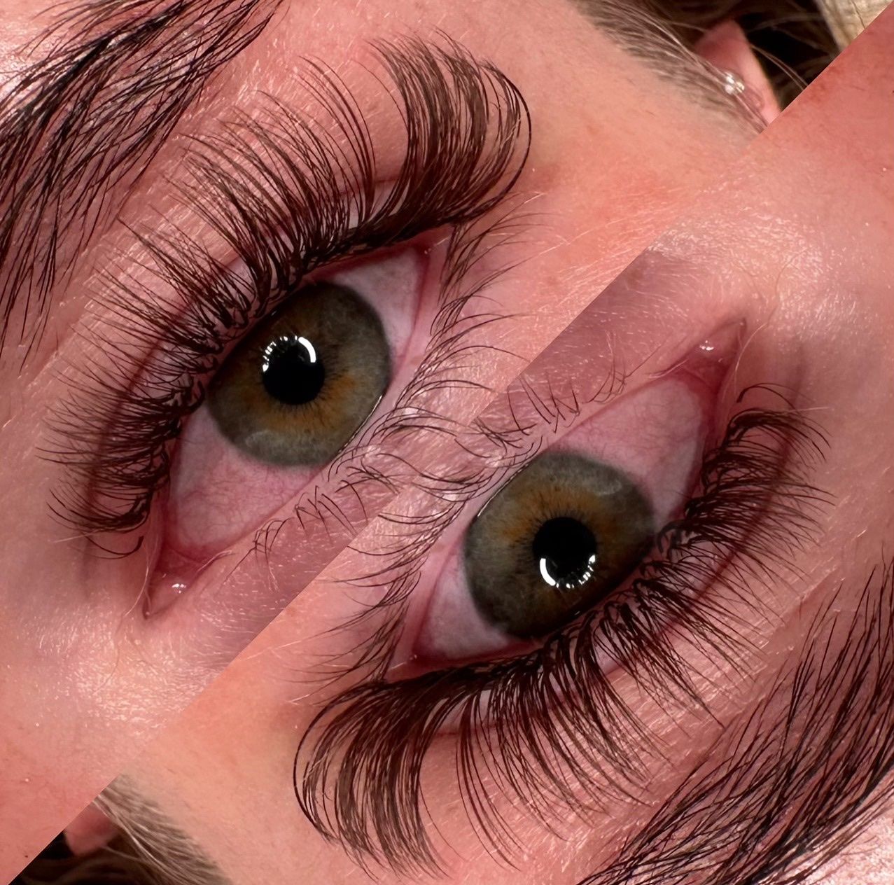Braune Wimpernverlängerung an grünen Augen