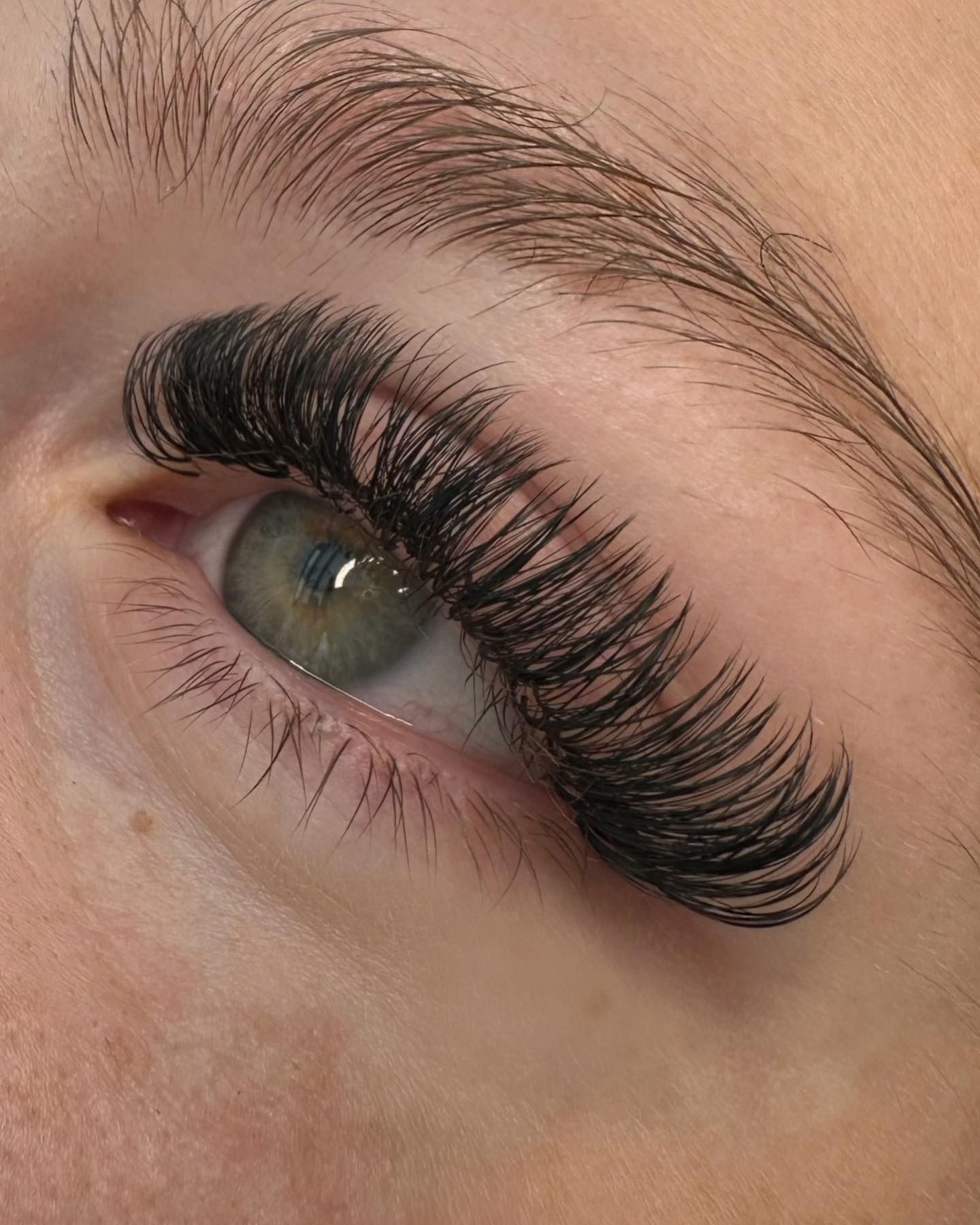 Volumen-Wimpernverlängerung mit dichtem, dunklem Wimpernkranz an einem grünen Auge
