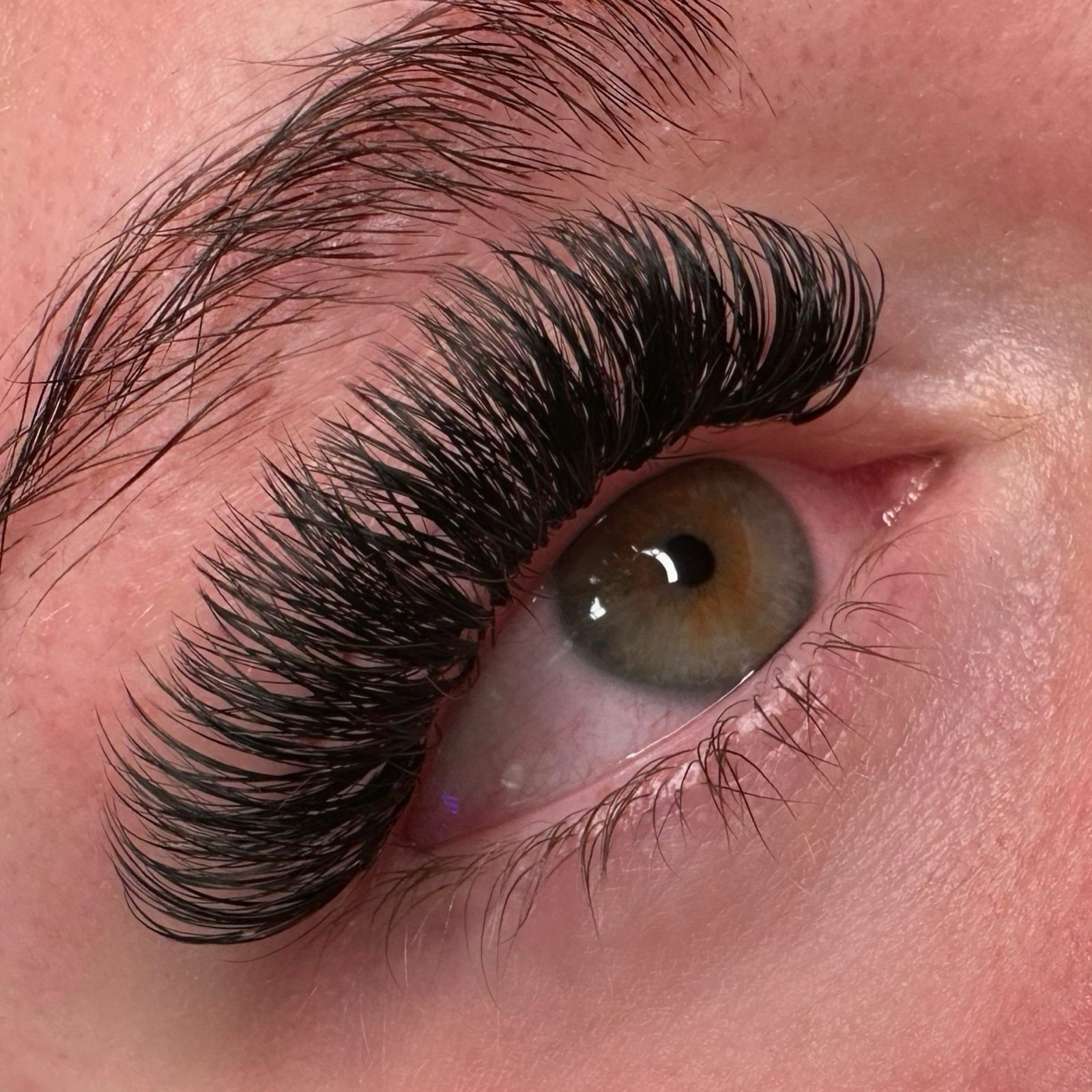 Dichte Volumen-Wimpern an einem haselnussbraunen Auge